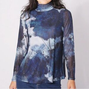 Wynne Layers Abstract Mesh Turtleneck Top Medium Blue Navy Black White Cloud Sky